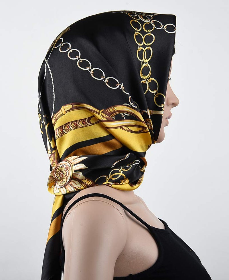 corciova Large Square Satin Silk Lightweight Scarf Hair Wrap Women Black Chain Headband Sleeping at Night Fashion Headscarf - Image 2