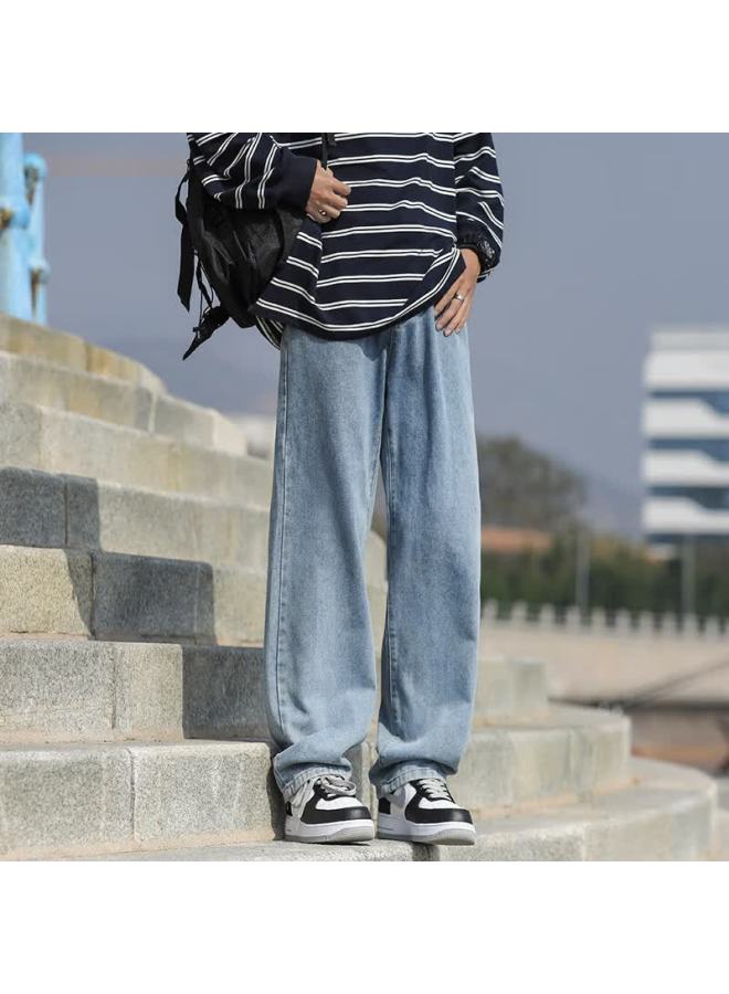 Swamp Area American Vintage Loose Straight Men's Spring Autumn Washed Denim Casual Versatile Pants K882 Medium Blue L - Image 2