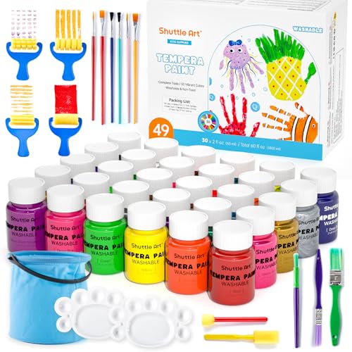 Shuttle Art Tempera Paint 30 Colors 2 fl oz Washable Paint for Kids with Glitter Metallic Neon Colors Nontoxic Finger Painting for Toddlers - Image 1
