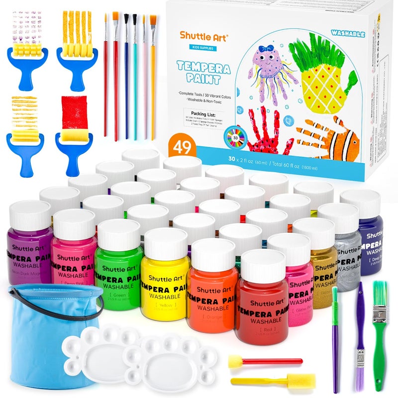 Shuttle Art Tempera Paint 30 Colors 2 fl oz Washable Paint for Kids with Glitter Metallic Neon Colors Nontoxic Finger Painting for Toddlers - Image 3