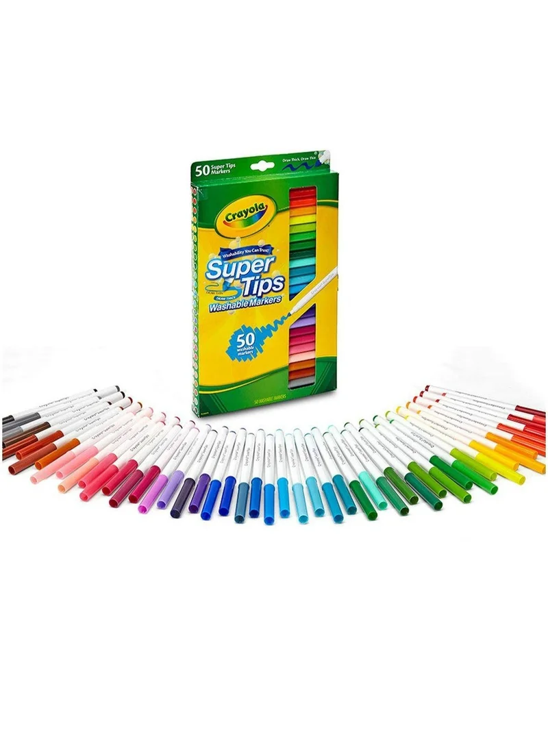 كرايولا Crayola - SuperTips Washable Markers 50pc | Vibrant Ink, Perfect for Writing, Drawing, Coloring, Shading, and Blending - Ideal for Any Art Project - Safe, Nontoxic, and Easily Washable Formula| Ages 3+
