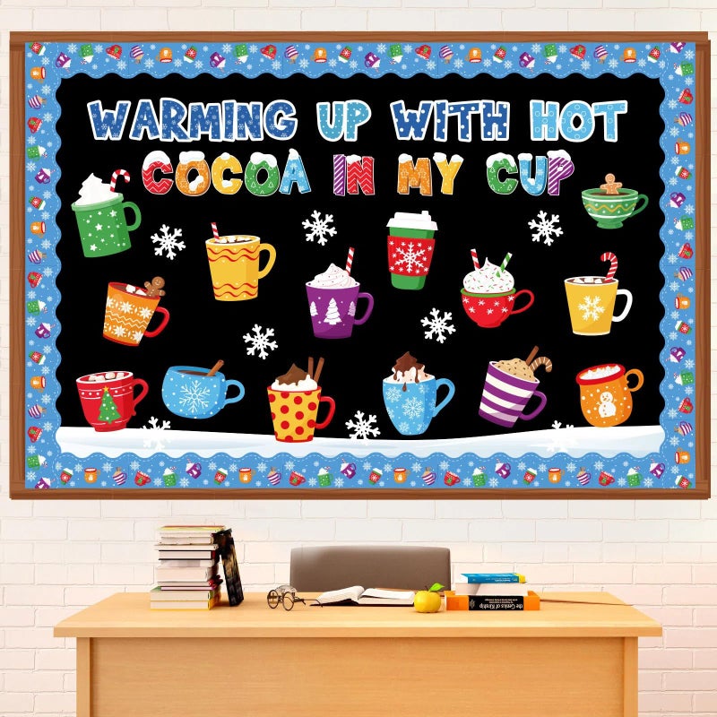 Funrous 52 Pcs Winter Bulletin Board Set Hot Cocoa Classroom Decor Winter Bulletin Boards Warming up with Hot Cocoa Latte Snowflake Cutouts for Christmas Holiday Party School Classroom Home Wall Decor - Image 1