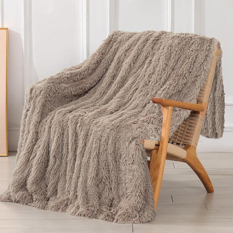 Decorative Extra Soft Faux Fur Blanket Queen Size 80" x 90",Solid Reversible Fuzzy Fluffy Cozy Plush Fleece Comfy Microfiber Fur Blanket for Couch Sofa Bed,Khaki
