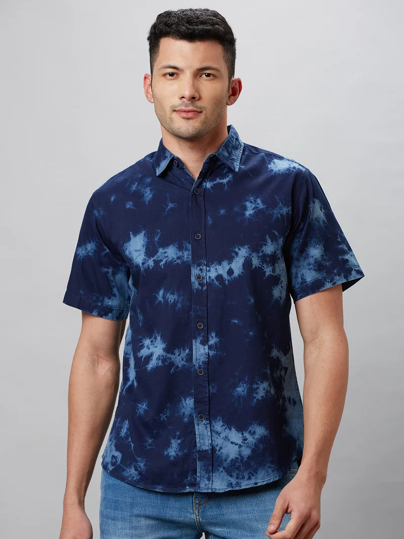 Globus Men Blue Tie and Dyed Cotton Regular Fit Casual Shirt