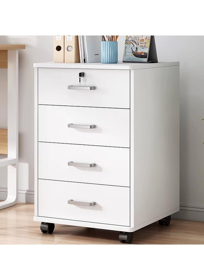 Movable Filing Cabinet with 4 Drawer Lockable Office Cabinet with Wheels in White Industrial Wood