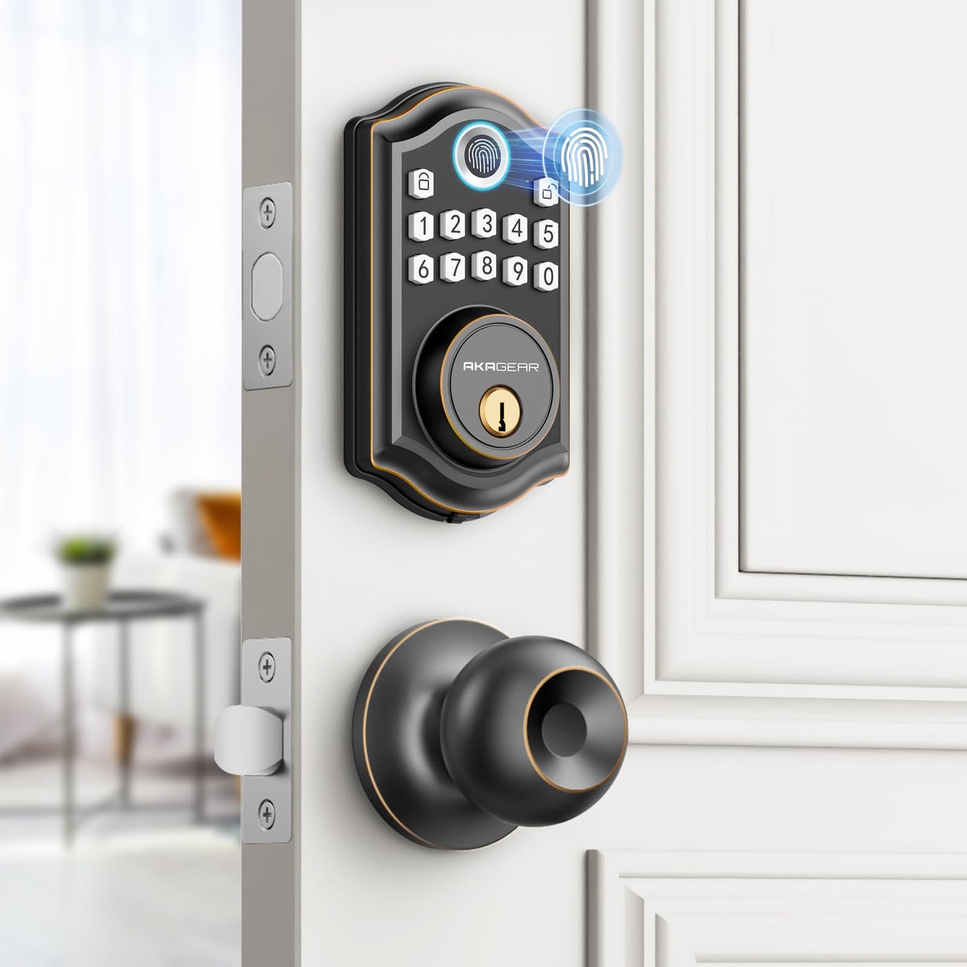 AkaGear DS10 Keyless Entry Door Lock with Door Knob Fingerprint Door Lock Electronic Keypad Deadbolt Smart Door Lock Smart Locks for Front Door AutoLock Oil Rubbed Bronze
