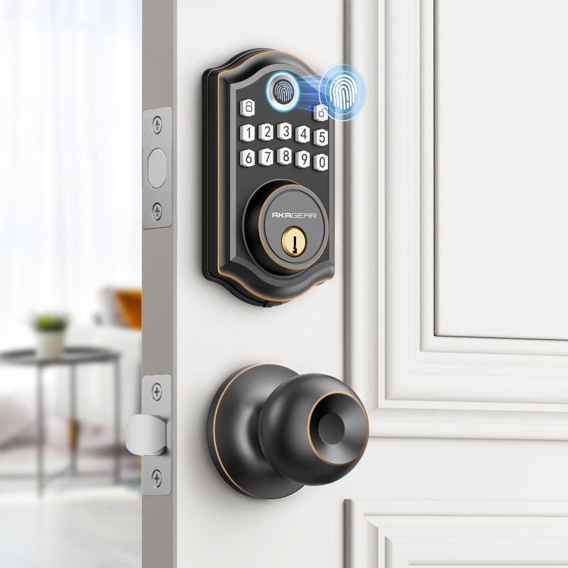 AkaGear DS10 Keyless Entry Door Lock with Door Knob Fingerprint Door Lock Electronic Keypad Deadbolt Smart Door Lock Smart Locks for Front Door AutoLock Oil Rubbed Bronze