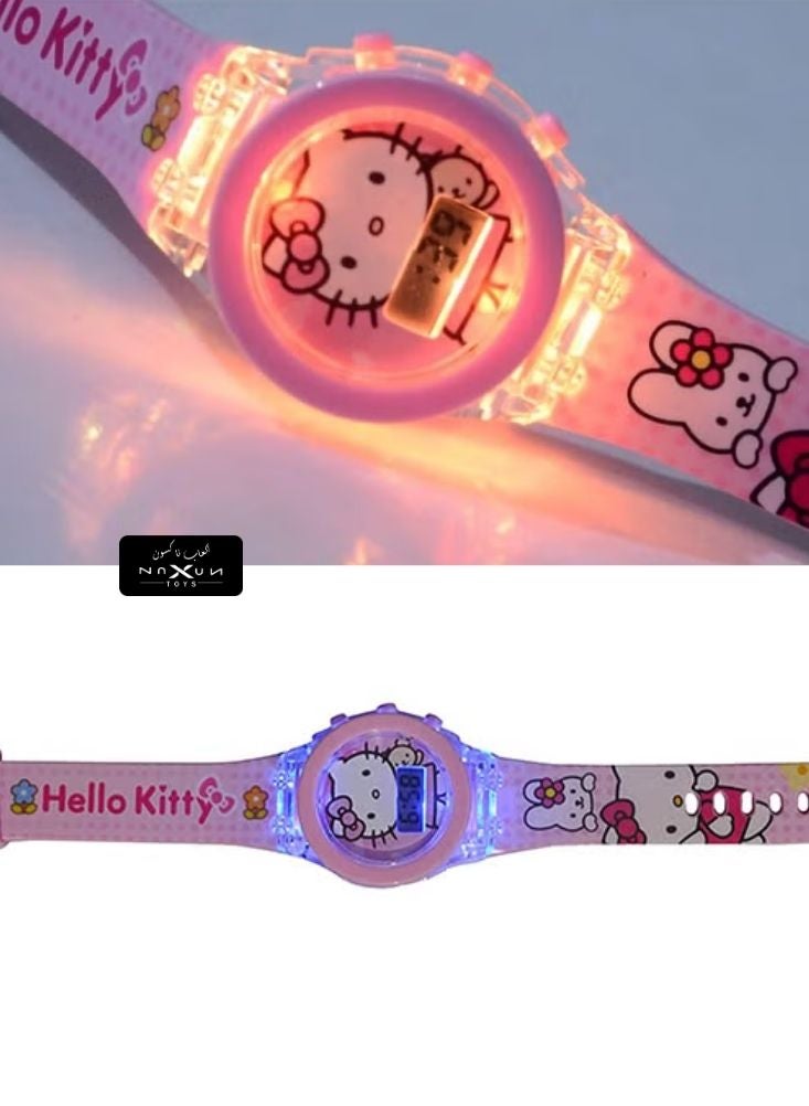 هالو كيتي ساعة مضيئة هالو كيتي للأطفال – ساعة يد كرتونية وردية بإضاءة - Image 2