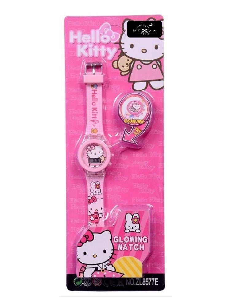 هالو كيتي ساعة مضيئة هالو كيتي للأطفال – ساعة يد كرتونية وردية بإضاءة - Image 1