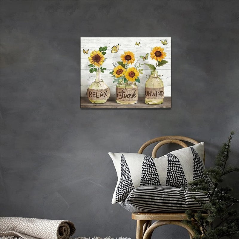 Tijuboni Bathroom Sunflower Canvas Wall Art Flowers in Bottle Yellow Bathroom Wall Decor Relax Quotes Country Floral Butterfly Painting Prints Framed Artwork Decor for Living Room Bedroom Spa Salon 12"x16" - Image 3