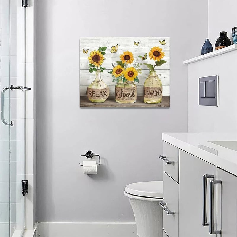 Tijuboni Bathroom Sunflower Canvas Wall Art Flowers in Bottle Yellow Bathroom Wall Decor Relax Quotes Country Floral Butterfly Painting Prints Framed Artwork Decor for Living Room Bedroom Spa Salon 12"x16" - Image 2