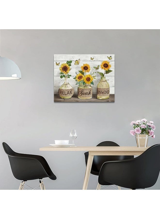 Tijuboni Bathroom Sunflower Canvas Wall Art Flowers in Bottle Yellow Bathroom Wall Decor Relax Quotes Country Floral Butterfly Painting Prints Framed Artwork Decor for Living Room Bedroom Spa Salon 12"x16" - Image 4