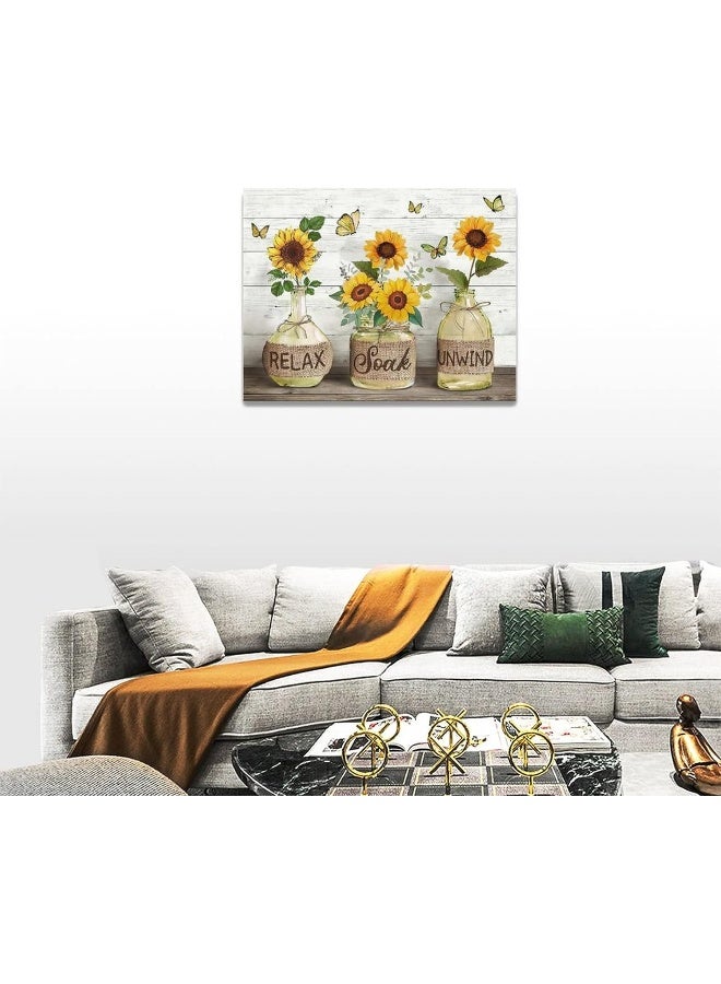 Tijuboni Bathroom Sunflower Canvas Wall Art Flowers in Bottle Yellow Bathroom Wall Decor Relax Quotes Country Floral Butterfly Painting Prints Framed Artwork Decor for Living Room Bedroom Spa Salon 12"x16" - Image 5