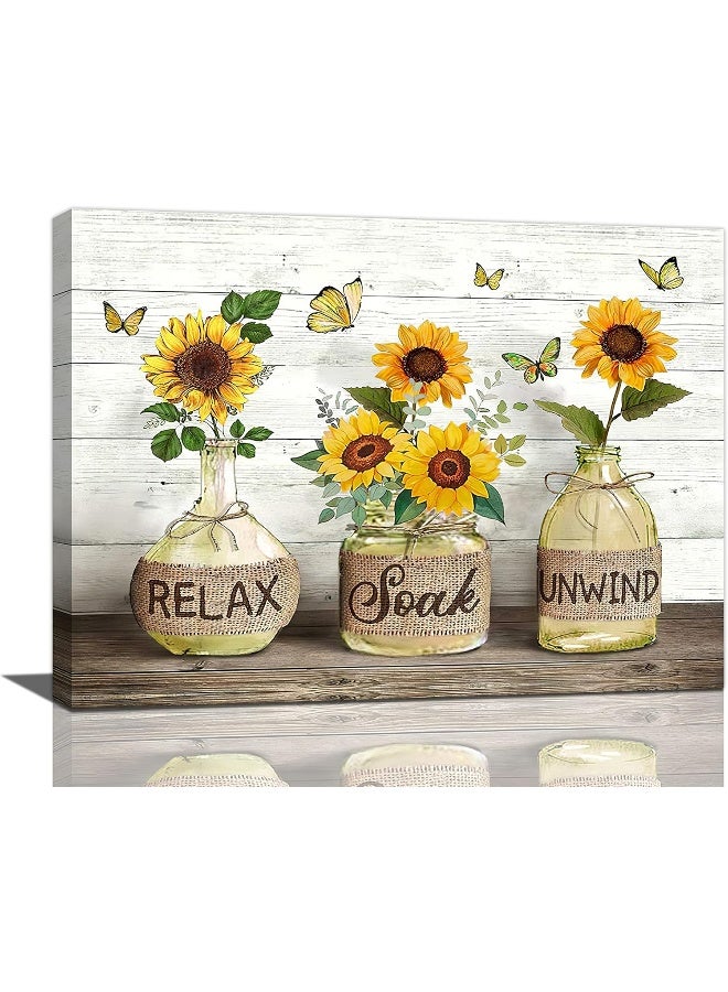 Tijuboni Bathroom Sunflower Canvas Wall Art Flowers in Bottle Yellow Bathroom Wall Decor Relax Quotes Country Floral Butterfly Painting Prints Framed Artwork Decor for Living Room Bedroom Spa Salon 12"x16" - Image 1