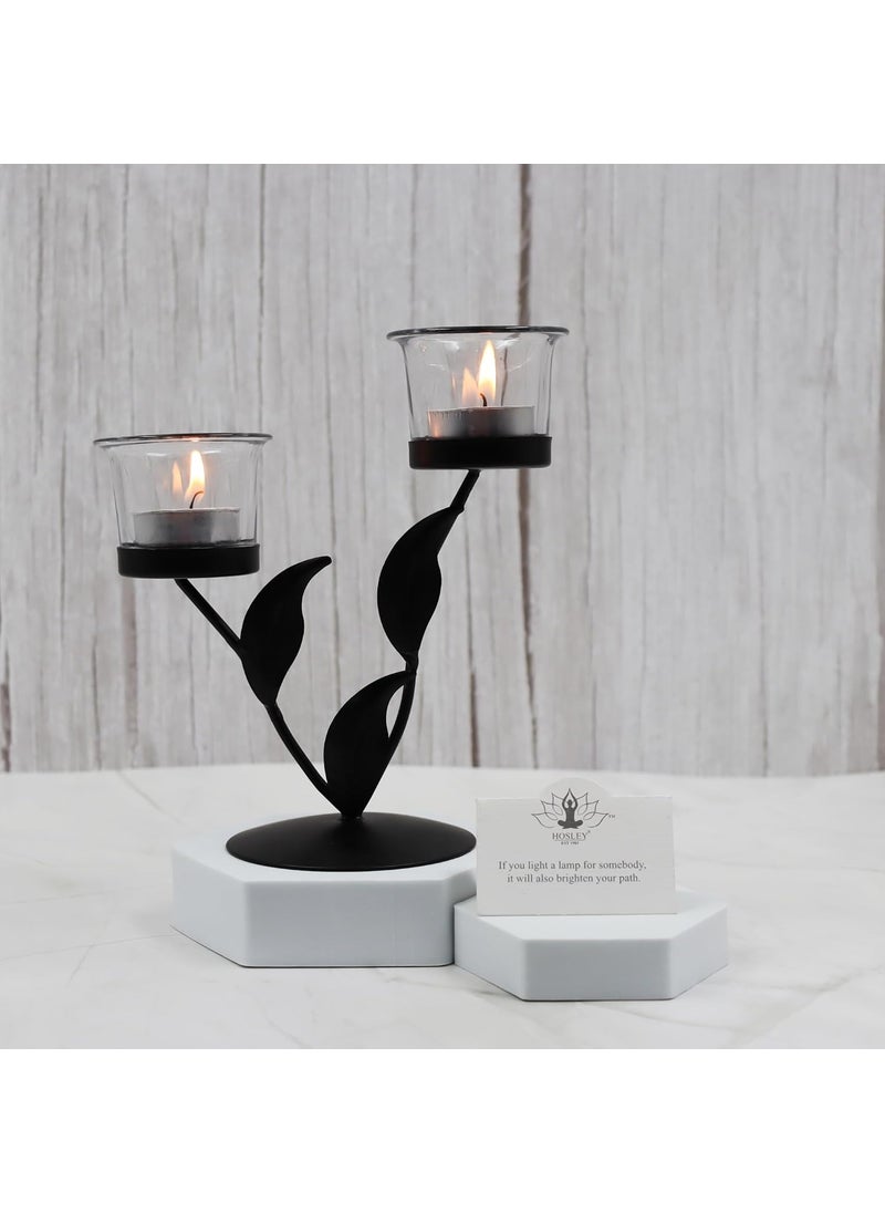 Hosley - HOSLEY Metal Clear Glass Tealight Candle Holder|Tealight Candle Holder with Glass Holder Perfect for Home Decor Tabletop|2-Cup Centrepiece Pack of 1 with Pack of 2 Tealights (Black) - Image 1