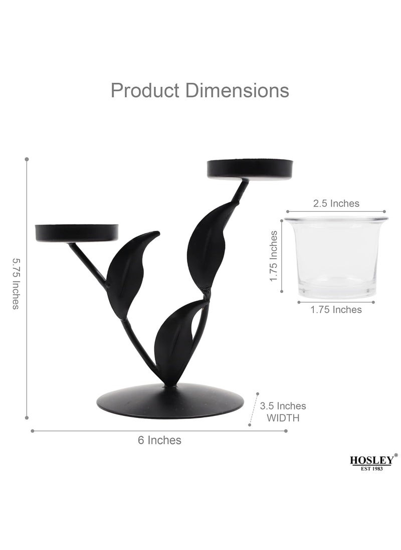 Hosley - HOSLEY Metal Clear Glass Tealight Candle Holder|Tealight Candle Holder with Glass Holder Perfect for Home Decor Tabletop|2-Cup Centrepiece Pack of 1 with Pack of 2 Tealights (Black) - Image 1