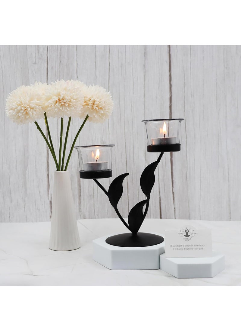 Hosley - HOSLEY Metal Clear Glass Tealight Candle Holder|Tealight Candle Holder with Glass Holder Perfect for Home Decor Tabletop|2-Cup Centrepiece Pack of 1 with Pack of 2 Tealights (Black) - Image 1