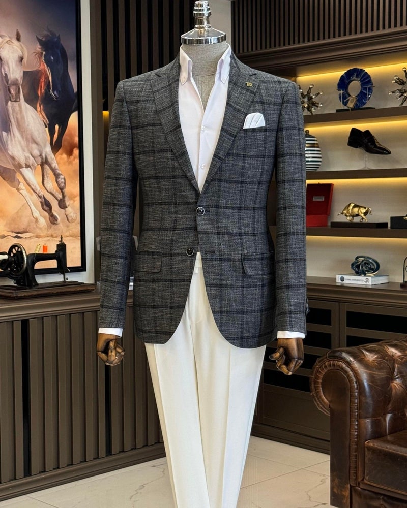 Terzi Adem Altun Tailor Adem Altun Classic Cut Regular Fit Mono Collar Plaid Men's Jacket Black T12503 - Image 1