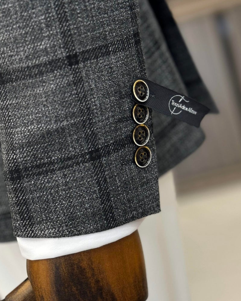 Terzi Adem Altun Tailor Adem Altun Classic Cut Regular Fit Mono Collar Plaid Men's Jacket Black T12503 - Image 3