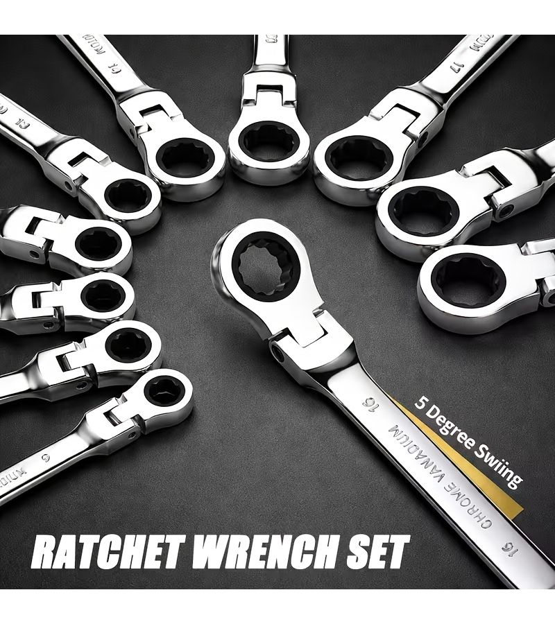 9 Piece Chrome Vanadium Steel Dual Purpose Wrench Set with Hex Key 72 Tooth Gear Ergonomic Grip - Image 1
