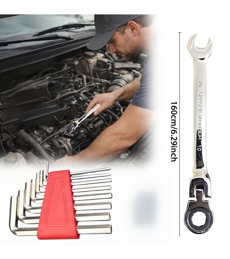 9 Piece Chrome Vanadium Steel Dual Purpose Wrench Set with Hex Key 72 Tooth Gear Ergonomic Grip - Image 3