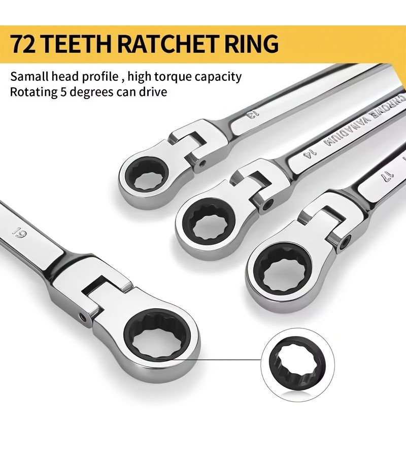 9 Piece Chrome Vanadium Steel Dual Purpose Wrench Set with Hex Key 72 Tooth Gear Ergonomic Grip - Image 4