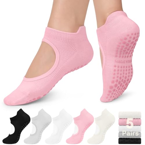 BLONGW 5 Pairs Non Slip Pilates Socks with Grips for Women, Grip Socks for Yoga Ballet Barefoot Workout Anti Skid Athletic Socks - Image 1