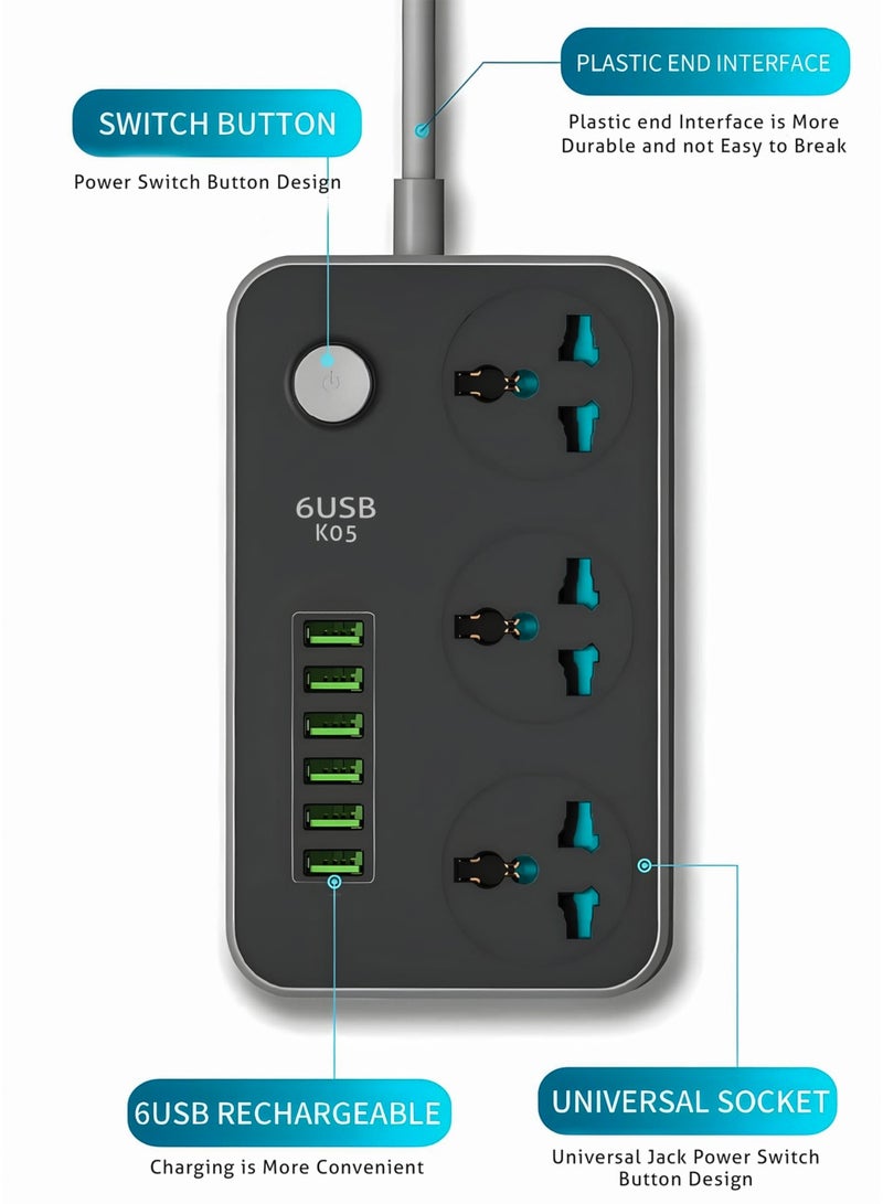 Toshionics 3 Way Power Strips Extension Cords | Adapter Extension 6 USB Charging Ports | 3 Universal Plugs Power Strip With 2 Metres Surge Protection Cable Extension Black/Grey (162x97x38mm) White 162x97x38mm - Image 3