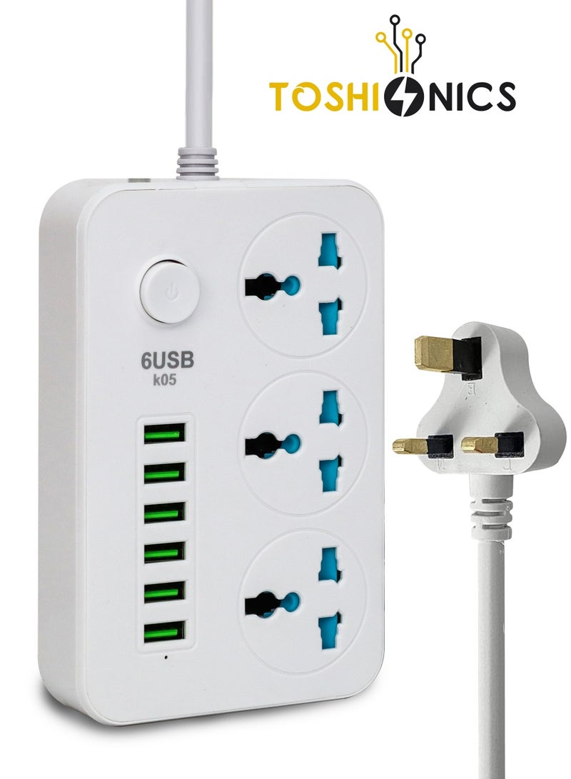 Toshionics 3 Way Power Strips Extension Cords | Adapter Extension 6 USB Charging Ports | 3 Universal Plugs Power Strip With 2 Metres Surge Protection Cable Extension Black/Grey (162x97x38mm) White 162x97x38mm - Image 1