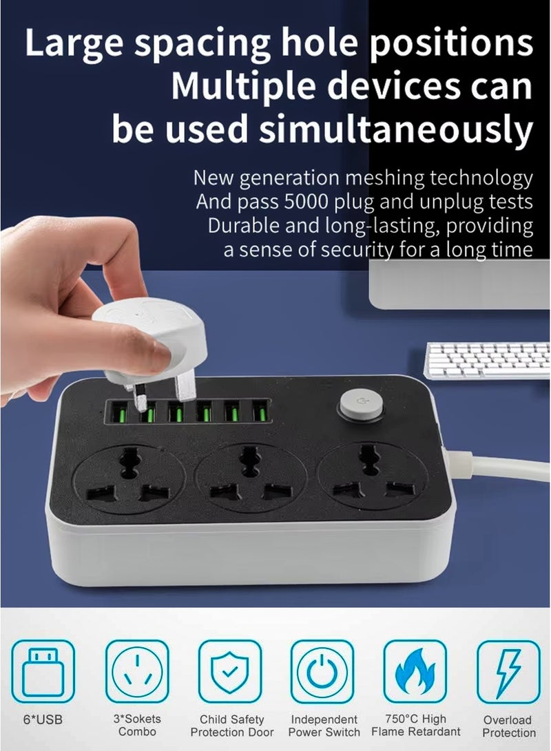 Toshionics 3 Way Power Strips Extension Cords | Adapter Extension 6 USB Charging Ports | 3 Universal Plugs Power Strip With 2 Metres Surge Protection Cable Extension Black/Grey (162x97x38mm) White 162x97x38mm - Image 4