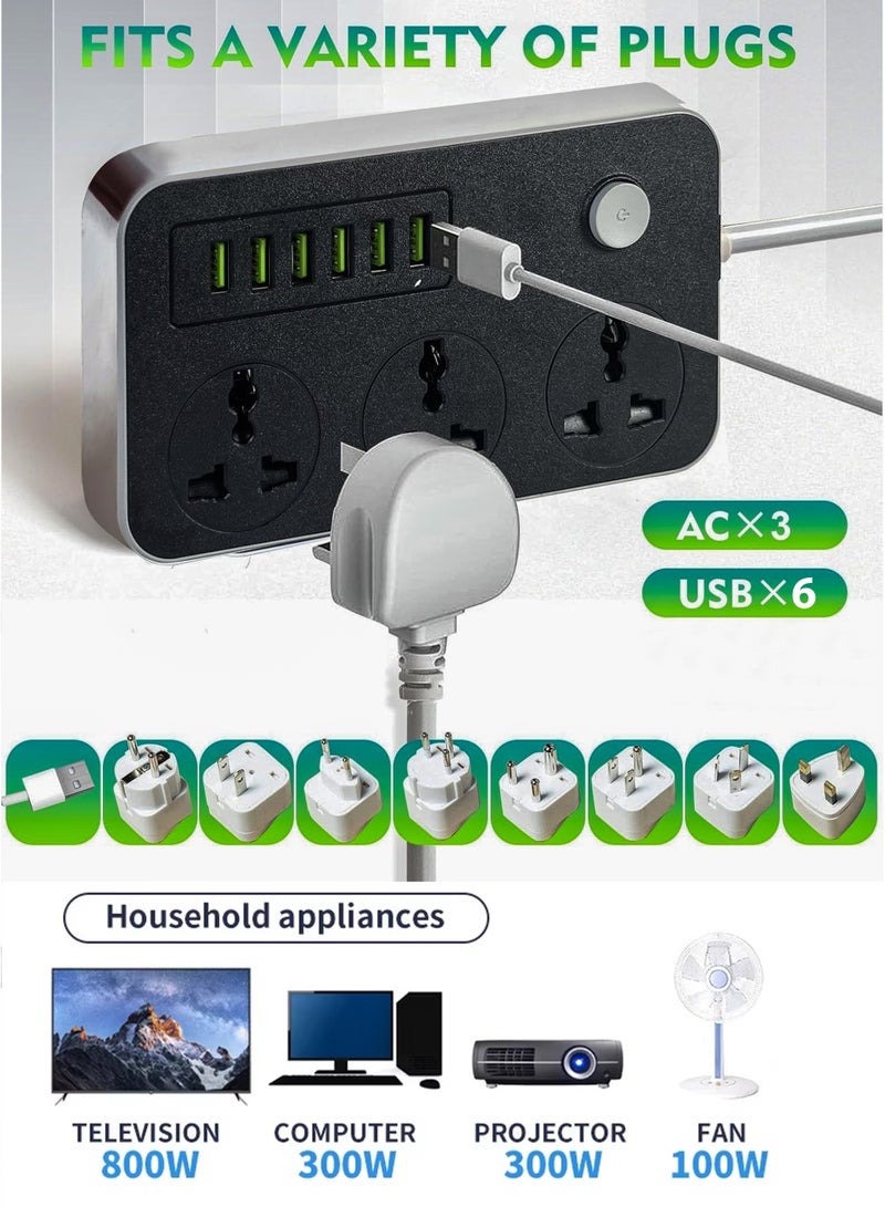 Toshionics 3 Way Power Strips Extension Cords | Adapter Extension 6 USB Charging Ports | 3 Universal Plugs Power Strip With 2 Metres Surge Protection Cable Extension Black/Grey (162x97x38mm) White 162x97x38mm - Image 2