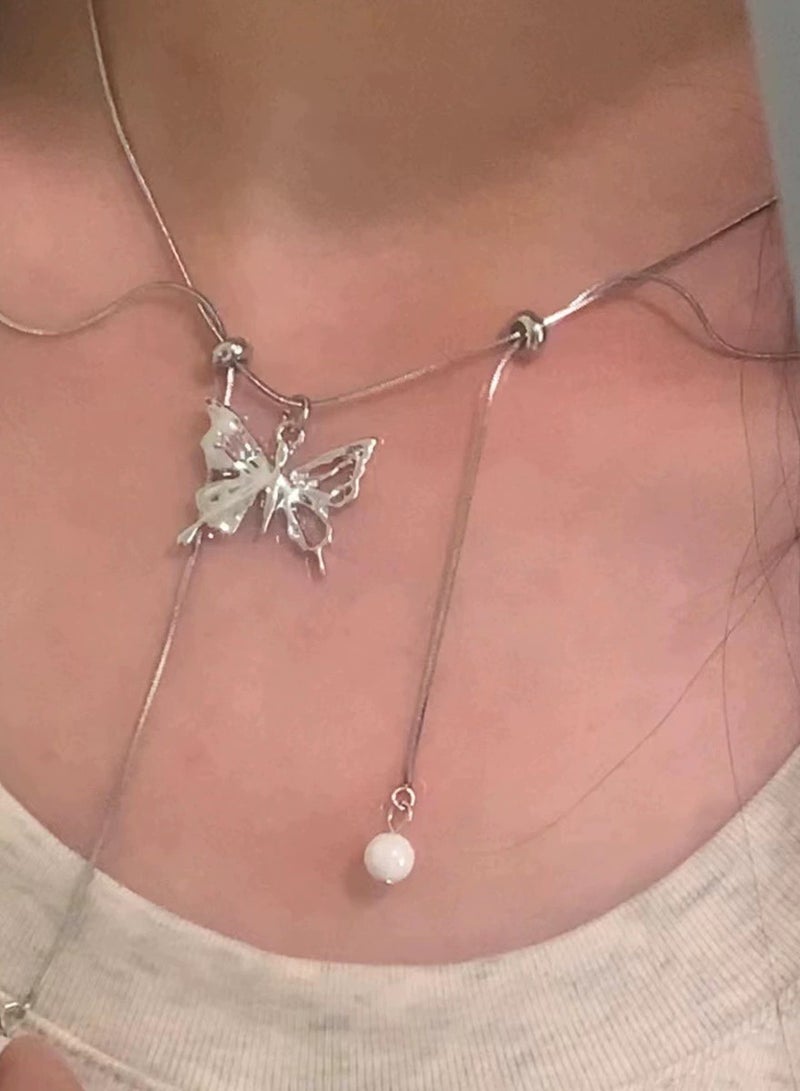 Goolsky Whimsical Butterfly & Teardrop Pendant Necklace – Silver Dainty Choker for Women, Playful & Sweet Aesthetic Jewelry - Image 2