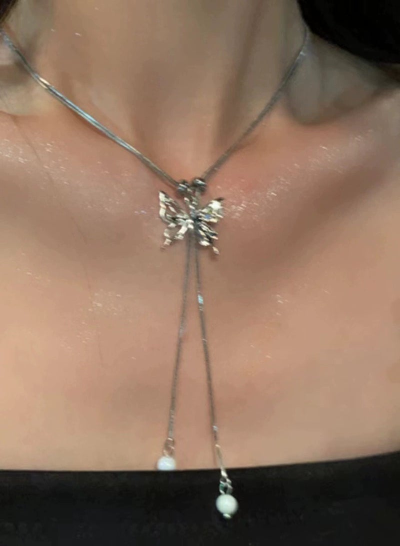 Goolsky Whimsical Butterfly & Teardrop Pendant Necklace – Silver Dainty Choker for Women, Playful & Sweet Aesthetic Jewelry - Image 3