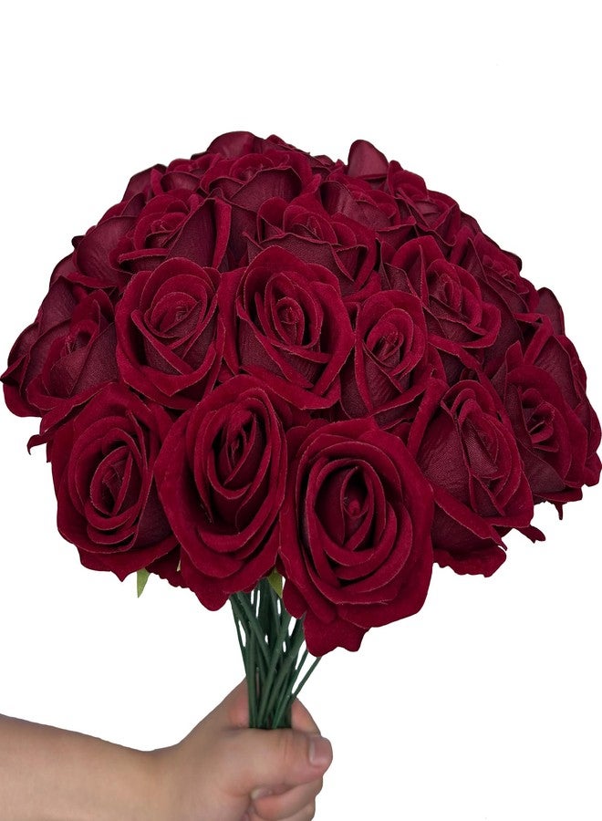 FagusHome 30 Pcs Silk Rose Artificial Flowers Roses Bulk Bouquet Fake Flowers Rose Heads with Stems for Home Wedding Decor (Dark Red) - Image 3