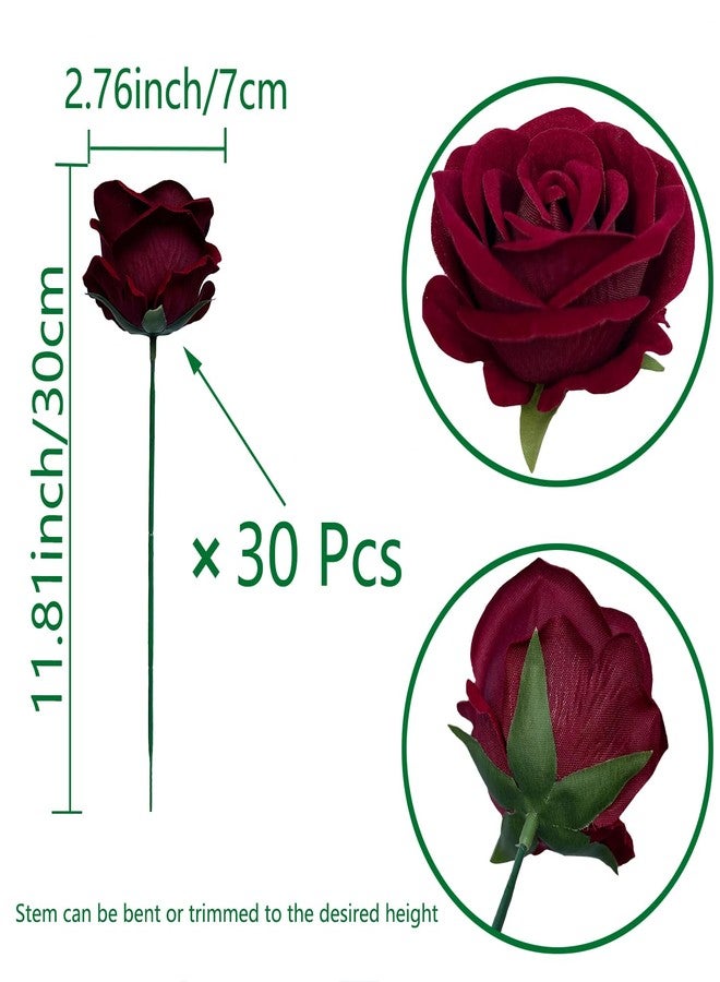 FagusHome 30 Pcs Silk Rose Artificial Flowers Roses Bulk Bouquet Fake Flowers Rose Heads with Stems for Home Wedding Decor (Dark Red) - Image 2