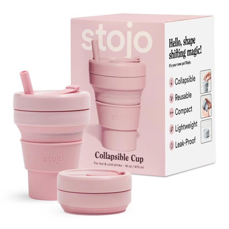 Stojo STOJO Collapsible Travel Cup  Reusable ToGo Pocket Size Silicone Bottle for Hot and Cold Drinks  Perfect for Camping  Microwave  Dishwasher Safe Carnation 16 Ounce Pack of 1  - Image 1