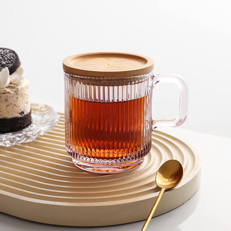 Lysenn Pink Glass Coffee Mug with Lid - Premium Classical Vertical Stripes Glass Tea Cup - for |Latte|Tea|Chocolate|Juice|Water| - Unleaded - Bamboo Lid - 12.5 Ounces - Image 5