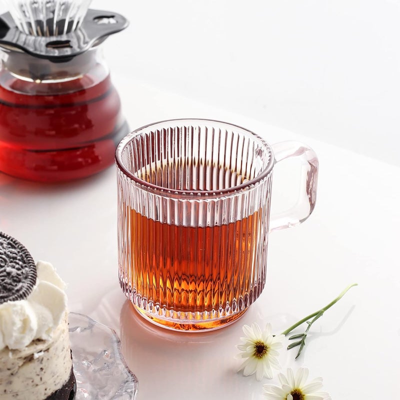 Lysenn Pink Glass Coffee Mug with Lid - Premium Classical Vertical Stripes Glass Tea Cup - for |Latte|Tea|Chocolate|Juice|Water| - Unleaded - Bamboo Lid - 12.5 Ounces - Image 4