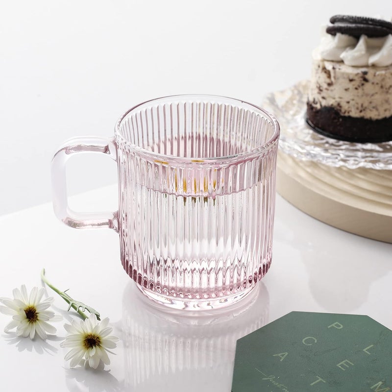 Lysenn Pink Glass Coffee Mug with Lid - Premium Classical Vertical Stripes Glass Tea Cup - for |Latte|Tea|Chocolate|Juice|Water| - Unleaded - Bamboo Lid - 12.5 Ounces - Image 2