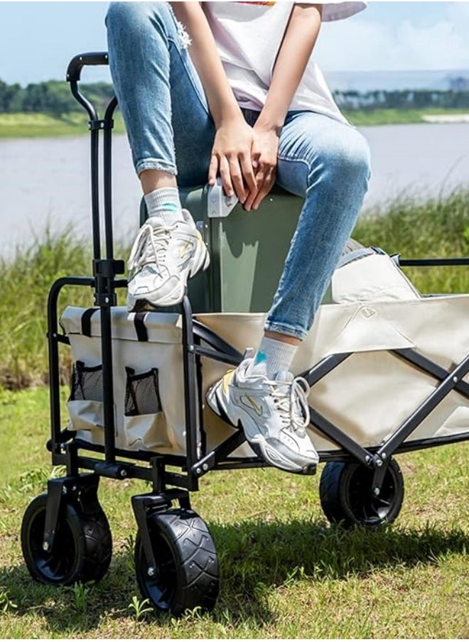 HXDream - Garden Cart Folding Trolley Cart Outdoor Wagon Collapsible With Removable Fabric Festival Garden Camping Picnic Cart Supports Max 150kg Portable Transport Trailer Beige - Image 1