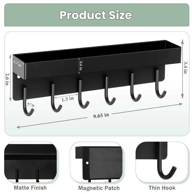 HOMEBROS Magnetic Key Holder Wall Mount, Small Metal Key Rack with Tray, 9.6 Inch, 6 Hooks, 2 Installation Options, Black - Image 5