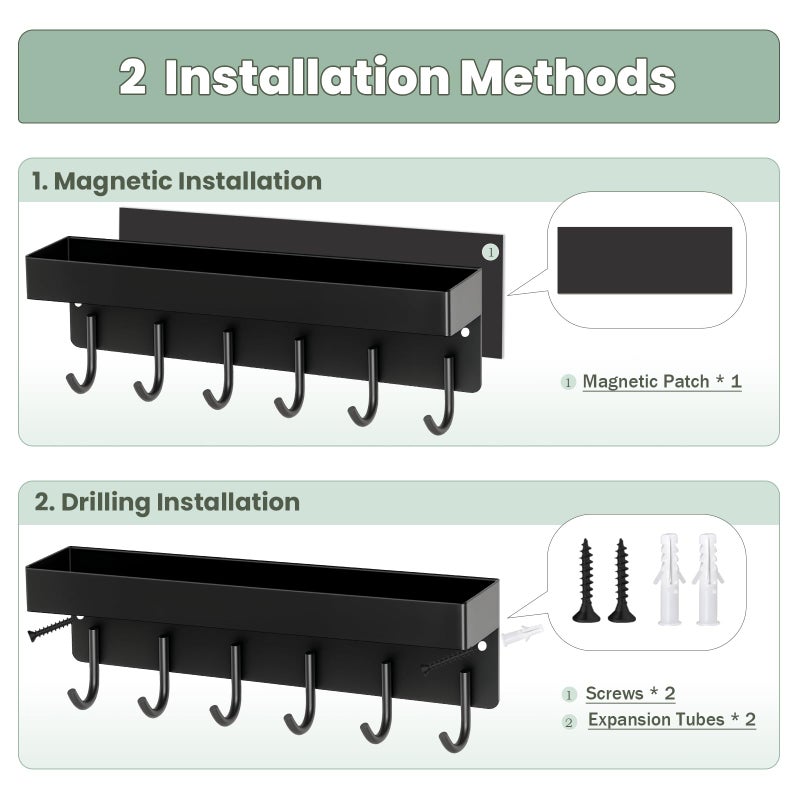 HOMEBROS Magnetic Key Holder Wall Mount, Small Metal Key Rack with Tray, 9.6 Inch, 6 Hooks, 2 Installation Options, Black - Image 2