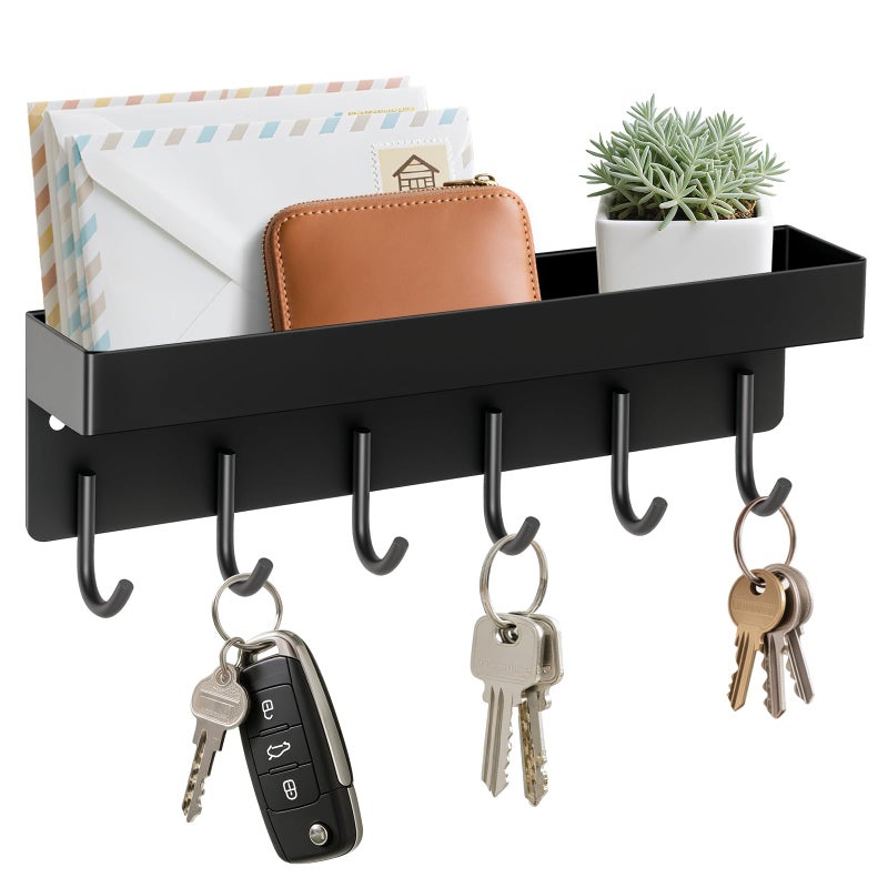 HOMEBROS Magnetic Key Holder Wall Mount, Small Metal Key Rack with Tray, 9.6 Inch, 6 Hooks, 2 Installation Options, Black - Image 1