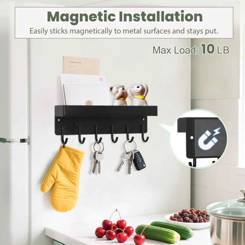 HOMEBROS Magnetic Key Holder Wall Mount, Small Metal Key Rack with Tray, 9.6 Inch, 6 Hooks, 2 Installation Options, Black - Image 3