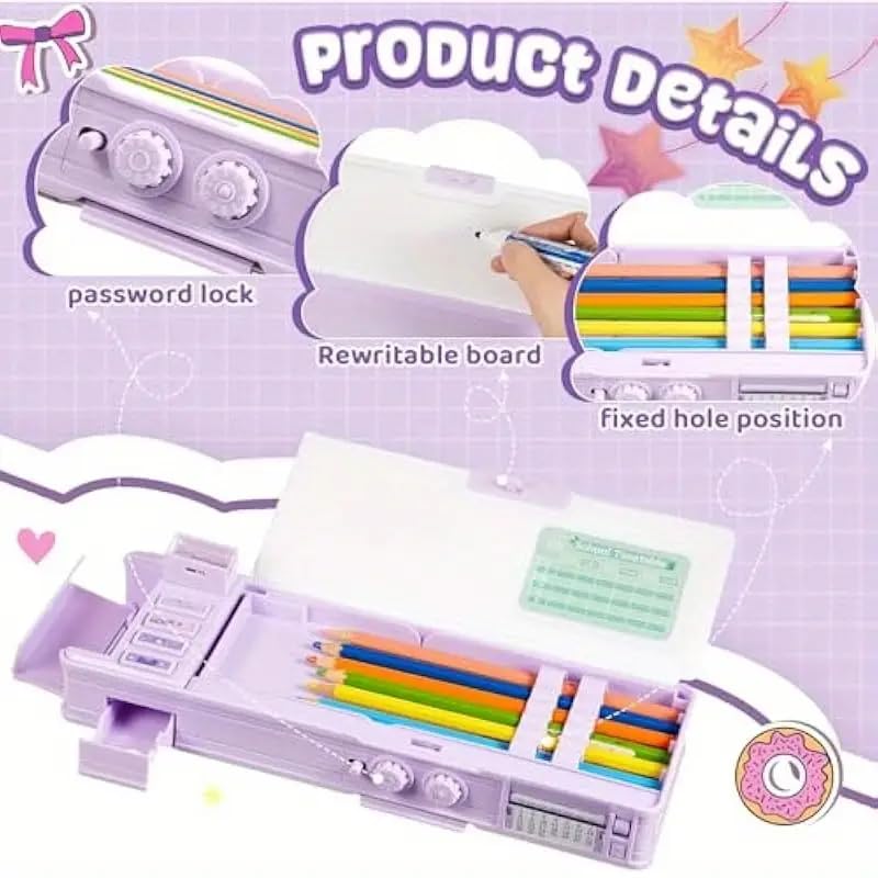 Invite Enterprise Purple Magic World Pop-Up Pencil Case Organizer with Password Lock, Sharpener, Schedule & Whiteboard – Multifunctional Cartoon Pen Box for Teens, Perfect Birthday Stationery Gift - Image 3