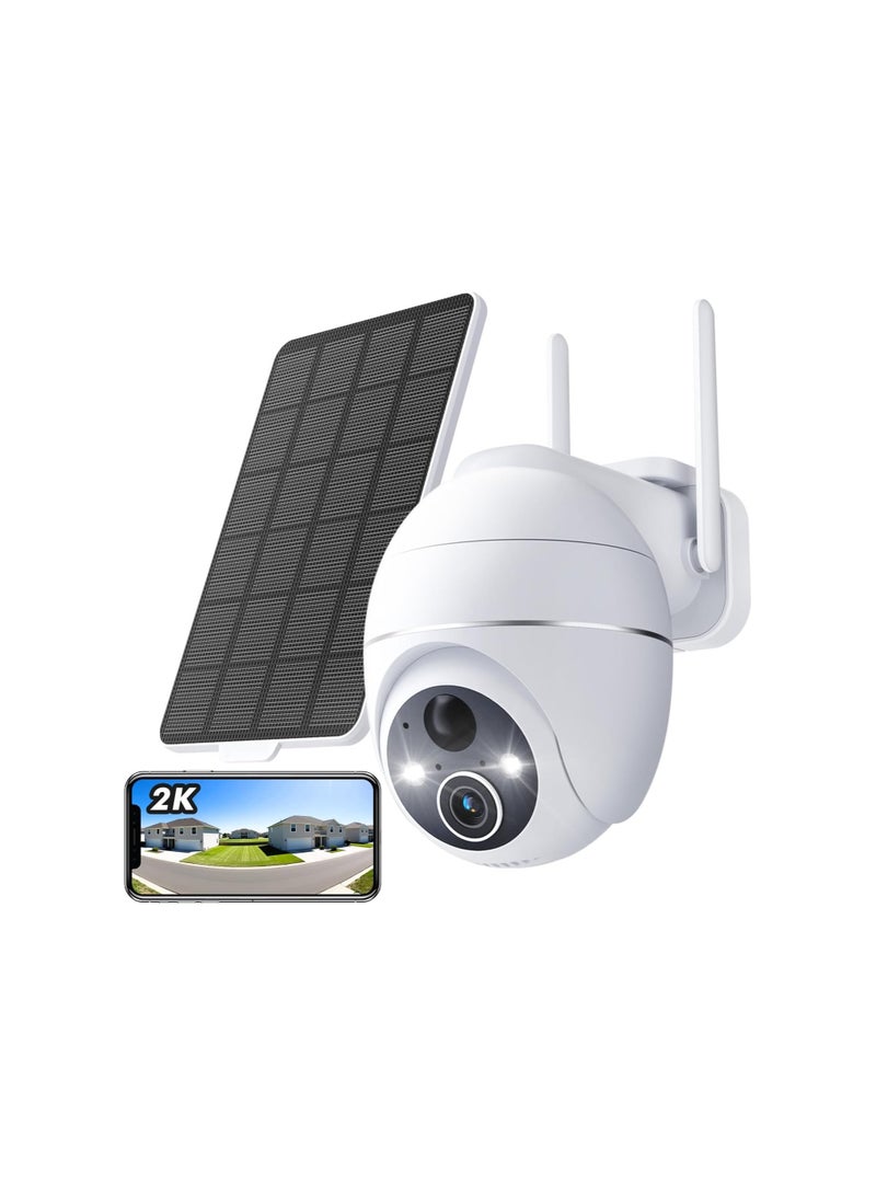جهاز واي فاي خارجي 2K مع لوحة شمسية، دوران 360°، رؤية ليلية، كشف حركة بشري، صوت ثنائي الاتجاه (أبيض)