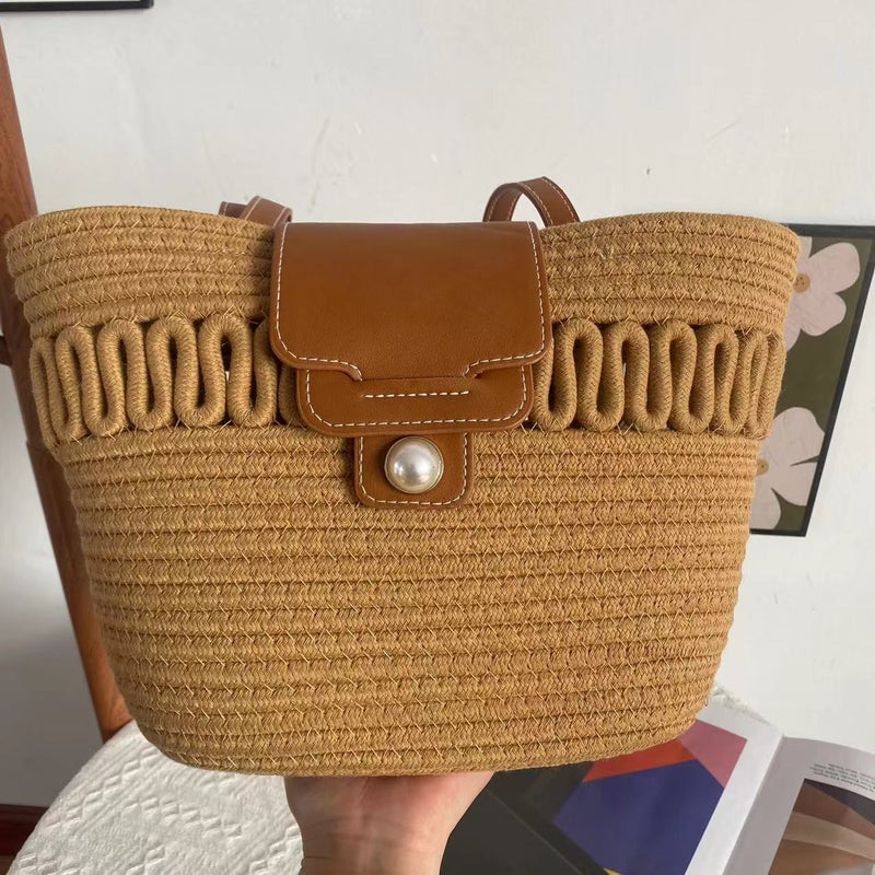 New Big Bag Women'S Summer 2023 New Fashion Cotton Woven Shoulder Bag Casual Seaside Beach Bag Bucket Bag - Image 4