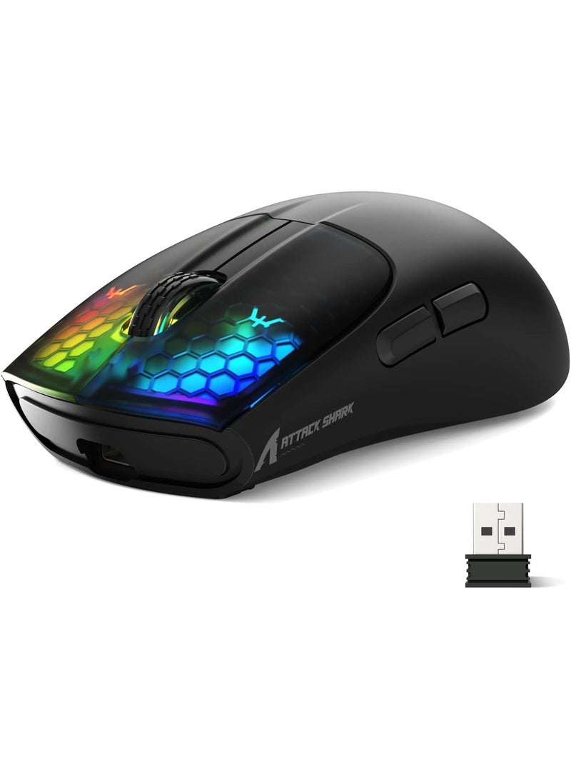 هجوم القرش ماوس ألعاب لاسلكي X5 بثلاثة أوضاع BT 5.1/2.4Ghz/USB-C، خفيف الوزن 49 جرام، مستشعر بصري PAW3212، بطارية قابلة لإعادة الشحن، فأرة Honeycomb LED RGB لأجهزة الكمبيوتر/الكمبيوتر اللوحي/سطح المكتب/المكتب/الألعاب - أسود - Image 1