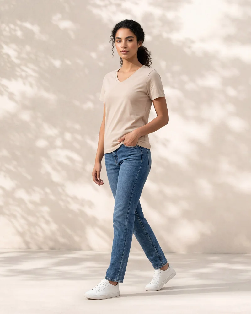 ردتاغ Women Cream Short Sleeve V-Neck T-Shirt