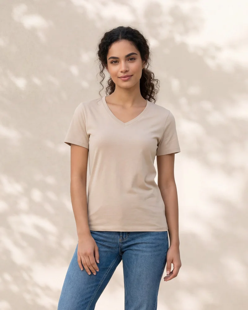 ردتاغ Women Cream Short Sleeve V-Neck T-Shirt
